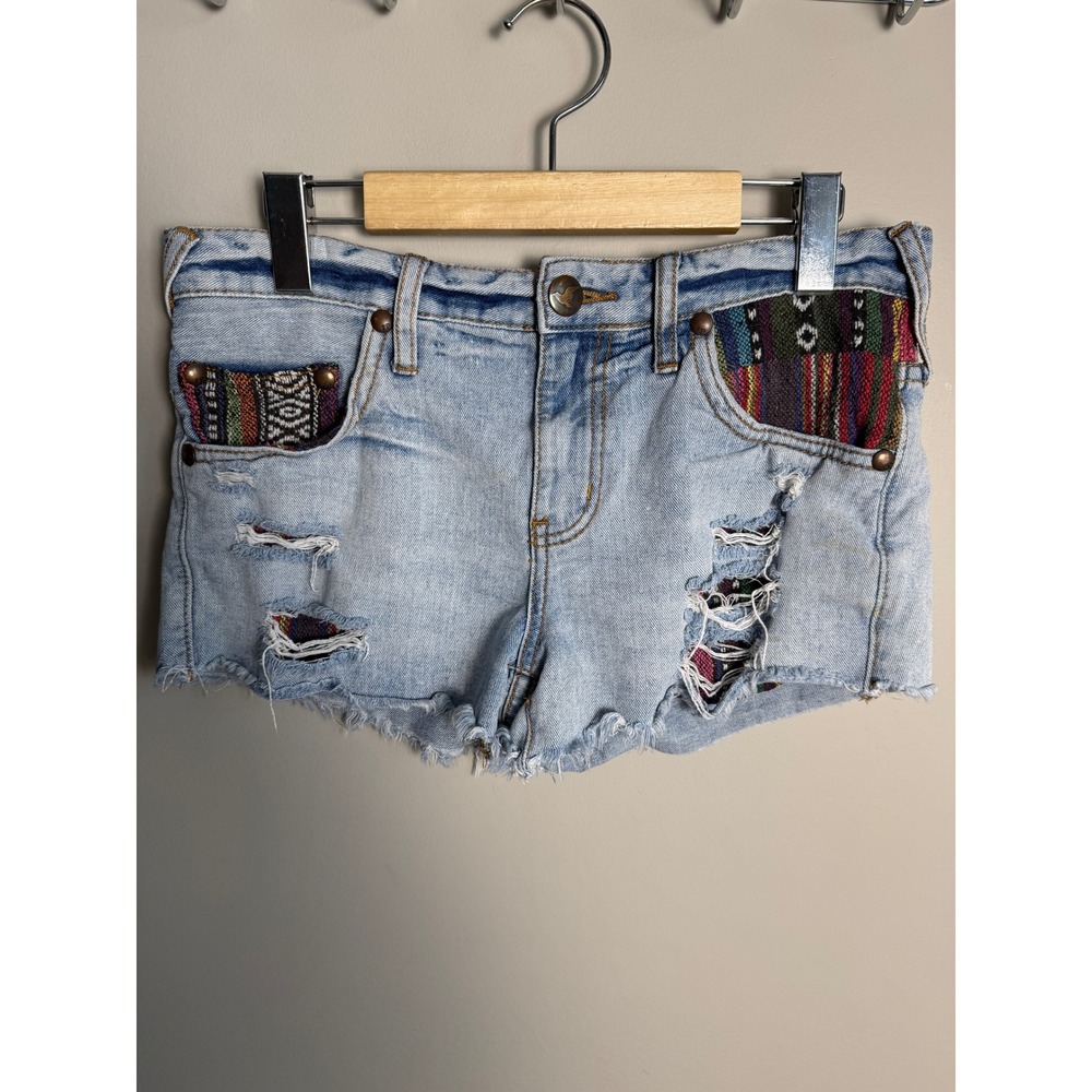 Free People Vintage Y2K Distressed Denim Shorts 26 Boho Woven Inset Festival